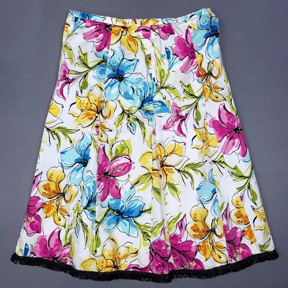 MDL Floral Print Skirt Size 8 Colorful Flowers Black Trim Spring Summer - Picture 1 of 3
